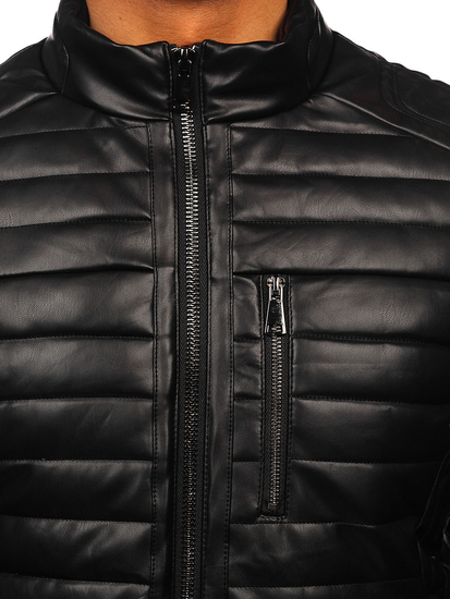 Μαύρο ανδρικό δερμάτινο καπιτονέ μπουφάν χειμωνιάτικο biker Bolf 11Z8186