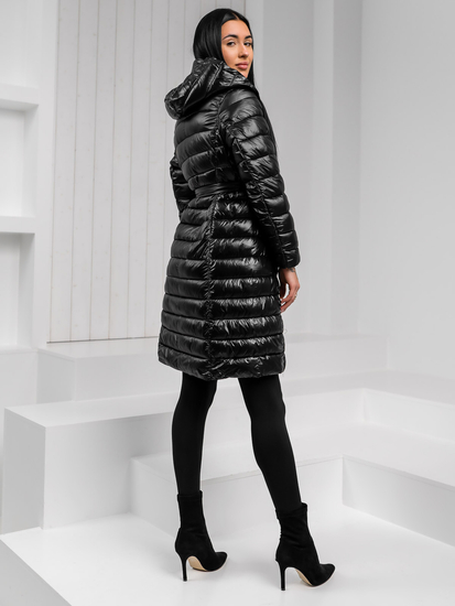 Μαύρο γυναικείο μακρύ καπιτονέ χειμερινό παλτό με κουκούλα Bolf 5M3159A1