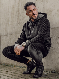 Μαύρο βελουτέ σετ φόρμας με την κουκούλα Bolf 3A82-A