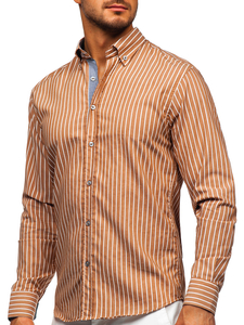 Καφέ ανδρικό πουκάμισο ριγέ με μακριά μανίκια Bolf 20731