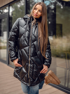 Μαύρο μακρύ καπιτονέ μπουφάν παλτό χειμωνιάτικο με κουκούλα για γυναίκες Bolf 5M3189