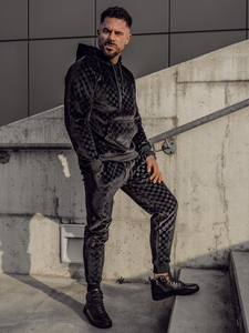 Μαύρο βελουτέ σετ φόρμας με την κουκούλα Bolf 3A82-A