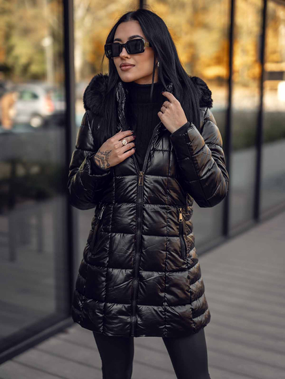 Μαύρο μακρύ καπιτονέ μπουφάν παλτό χειμωνιάτικο με κουκούλα για γυναίκες Bolf 16M9120A