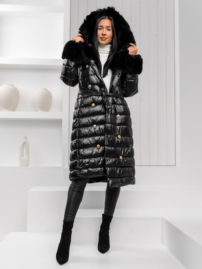 Γυναικείο χειμερινό καπιτονέ μπουφάν με μακριά γραμμή και κουκούλα Μαύρος Bolf 5M3160A