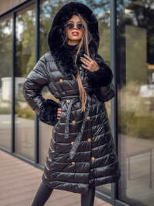 Μαύρο μακρύ γυναικείο καπιτονέ παλτό μπουφάν χειμωνιάτικο με κουκούλα Bolf 5M3160