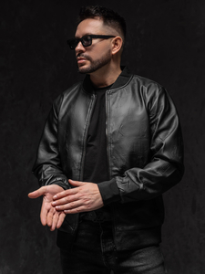 Μαύρο ανδρικό δερμάτινο μπουφάν bomber Bolf 3A66A1