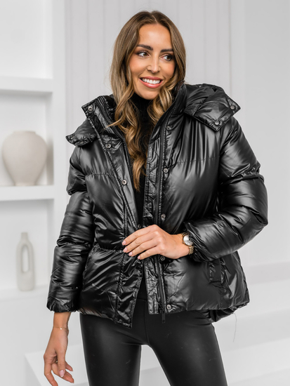 Μαύρο γυναικείο καπιτονέ χειμωνιάτικο μπουφάν με κουκούλα Bolf 5M3185