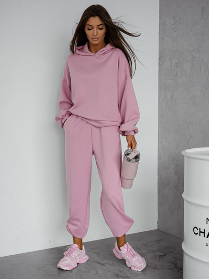 Γυναικεία αθλητική φόρμα 2 τεμαχίων με κουκούλα από βούτυρο Ροζ σε σκόνη Bolf 525