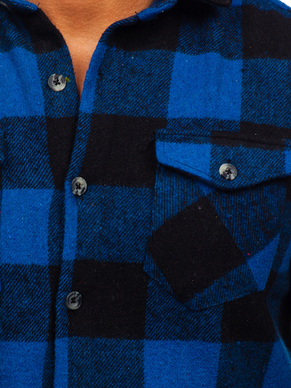 Σκούρο μπλε ανδρικό φανελένιο πουκάμισο με μακριά μανίκια Bolf 20723