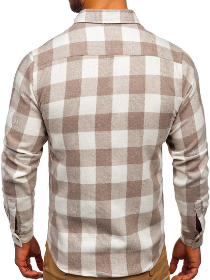 Μπεζ ανδρικό φανελένιο πουκάμισο με μακριά μανίκια Bolf 20723