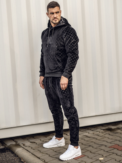 Μαύρο βελουτέ ανδρικό σετ φόρμας με κουκούλα Bolf 3A82