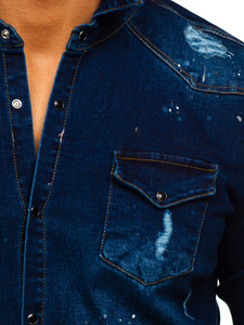 Ναυτικο μπλε Πουκαμισο ανδρικο τζιν με μακρια μανικια Bolf R801