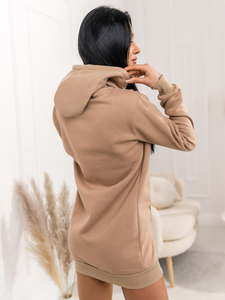 Μπεζ μακρύ γυναικείο φούτερ με κουκούλα Bolf YS10003A2