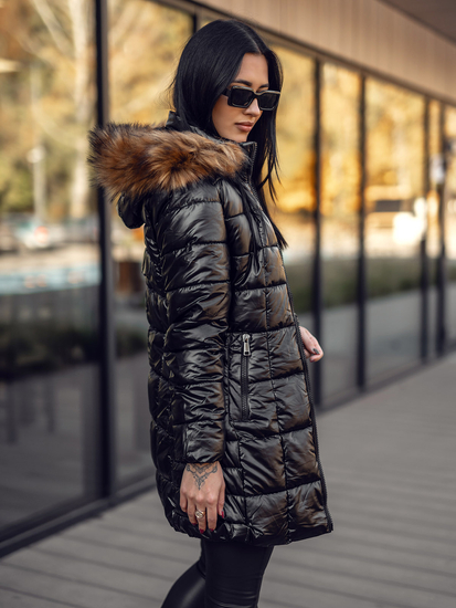 Μαύρο-καφέ μακρύ καπιτονέ γυναικείο μπουφάν παλτό χειμωνιάτικο με κουκούλα Bolf 16M9120A