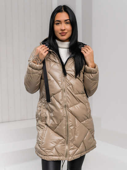 Μπεζ μακρύ καπιτονέ γυναικείο μπουφάν παλτό χειμωνιάτικο με κουκούλα Bolf 5M3189