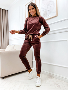 Καφέ βελουτέ γυναικείο σετ φόρμας δύο τεμαχίων Bolf 8129