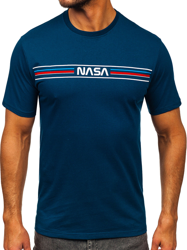 Σκούρο μπλε βαμβακερό ανδρικό t-shirt με στάμπα Bolf 5052