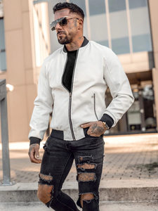Λευκό ανδρικό δερμάτινο μπουφάν bomber Bolf 7110A2