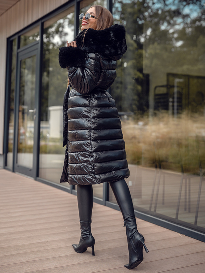 Μαύρο μακρύ γυναικείο καπιτονέ παλτό μπουφάν χειμωνιάτικο με κουκούλα Bolf 5M3160