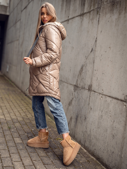 Κάμελ μακρύ καπιτονέ μπουφάν παλτό χειμωνιάτικο με κουκούλα για γυναίκες Bolf 5M3189