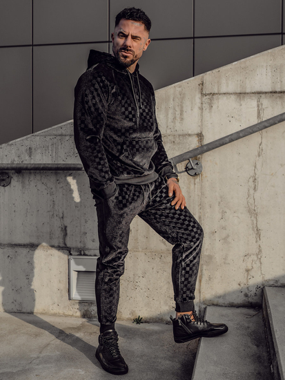 Μαύρο βελουτέ σετ φόρμας με την κουκούλα Bolf 3A82-A