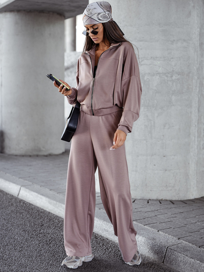 Γυναικεία αθλητική φόρμα 2 τεμαχίων με φερμουάρ και βουτυρένιο τελείωμα Cappuccino Bolf 821109