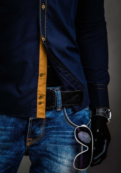 Ανδρικό κομψό πουκάμισο με μακρύ μανίκι σκούρο μπλε Bolf 3703A