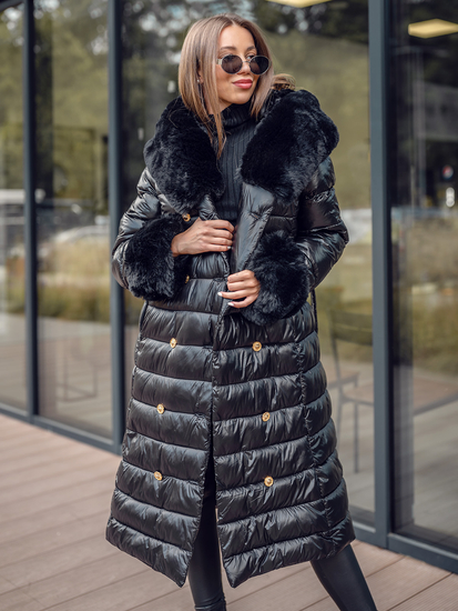 Μαύρο μακρύ γυναικείο καπιτονέ παλτό μπουφάν χειμωνιάτικο με κουκούλα Bolf 5M3160