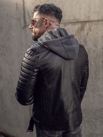 Μαύρο ramones ανδρικό δερμάτινο μπουφάν με κουκούλα biker Bolf 11Z8005