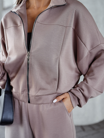 Γυναικεία αθλητική φόρμα 2 τεμαχίων με φερμουάρ και βουτυρένιο τελείωμα Cappuccino Bolf 821109