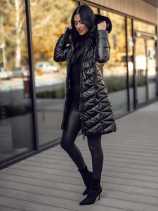 Μαύρο γυναικείο χειμερινό καπιτονέ μπουφάν με κουκούλα Bolf 16M9100A2