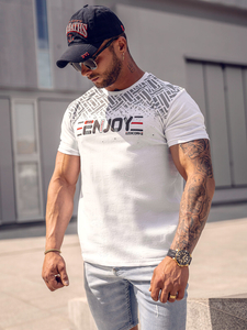 Λευκό βαμβακερό ανδρικό t-shirt με στάμπα Bolf 14720A