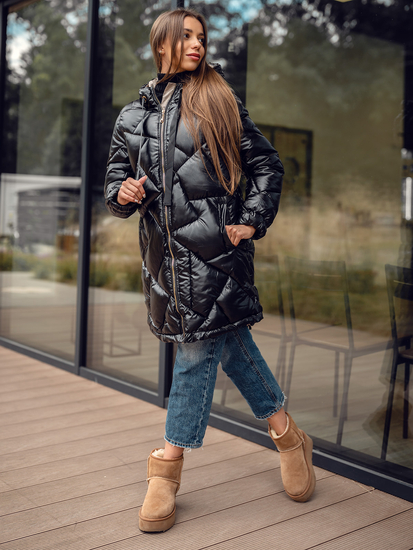 Μαύρο μακρύ καπιτονέ μπουφάν παλτό χειμωνιάτικο με κουκούλα για γυναίκες Bolf 5M3189