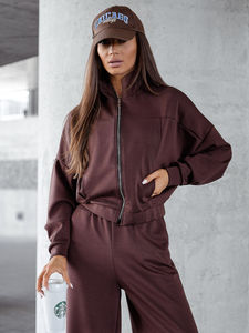 Γυναικεία αθλητική φόρμα 2 τεμαχίων με φερμουάρ και βουτυρένιο τελείωμα Σοκολάτα Bolf 821109