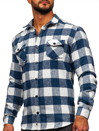 Μπλε ανδρικό φανελένιο πουκάμισο με μακριά μανίκια Bolf 20723