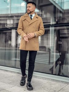 Ανδρικό κοντό χειμερινό παλτό με σταυρωτό τελείωμα Καμήλα Bolf 11Z8215A