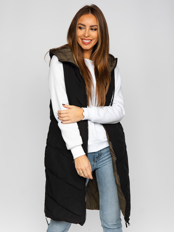 Μαύρο μακρύ καπιτονέ γυναικείο γιλέκο διπλής όψης Bolf B8022