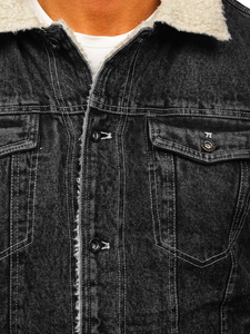 Μαυρο τζιν μπουφαν θερμαινομενο τυπου trucker με γιακα με γουνα ανδρικο Bolf 1160