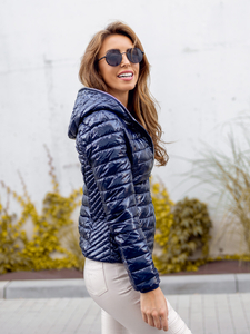 Γυναικείο μπλε μαρέν καπιτονέ μπουφάν μεταβατικό με την κουκούλα Bolf 9752