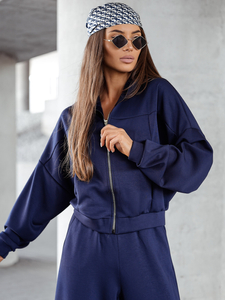 Γυναικεία αθλητική φόρμα 2 τεμαχίων με φερμουάρ και βουτυρένιο τελείωμα Ναυτικό μπλε Bolf 821109