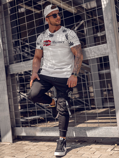 Λευκό βαμβακερό ανδρικό t-shirt με στάμπα Bolf 14744A