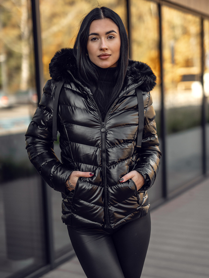 Μαύρο γυναικείο καπιτονέ χειμωνιάτικο μπουφάν με κουκούλα Bolf 5M3138A
