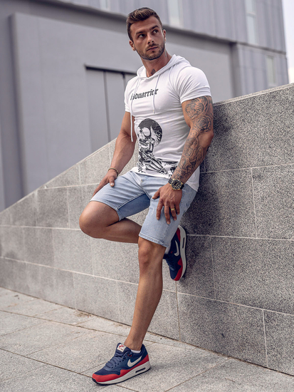 Λευκό ανδρικό t-shirt με τύπωμα με κουκούλα Bolf 8T979