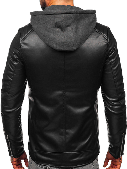 Μαύρο δερμάτινο μπουφάν ανδρικό με κουκούλα biker Bolf 11Z8012-A