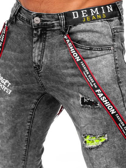 Μαύρα τζιν παντελόνια ανδρικά slim fit με τιράντες Bolf KX968-C