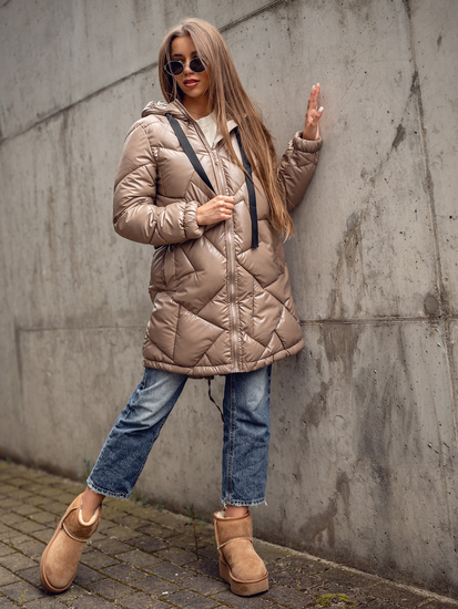 Κάμελ μακρύ καπιτονέ μπουφάν παλτό χειμωνιάτικο με κουκούλα για γυναίκες Bolf 5M3189