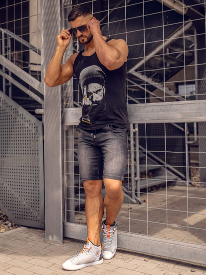 Μαύρη ανδρική αμάνικη μπλούζα tank top με στάμπα Bolf 14842A