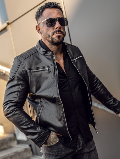 Μαύρο ανδρικό δερμάτινο μπουφάν biker Bolf 11Z8001