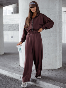 Γυναικεία αθλητική φόρμα 2 τεμαχίων με φερμουάρ και βουτυρένιο τελείωμα Σοκολάτα Bolf 821109