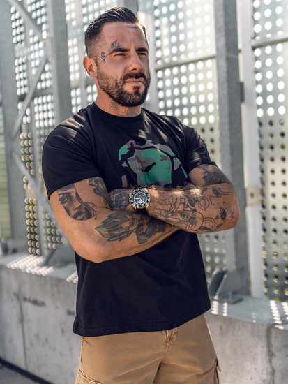 Ανδρικό μπλουζάκι με στάμπα από βαμβάκι Μαύρος Bolf 192379A